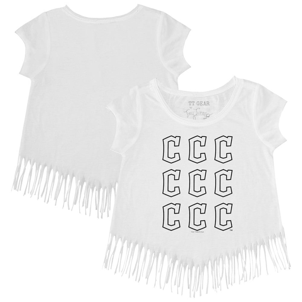 Cleveland Guardians Tiny Turnip Girls Youth Logo Grid Fringe T-Shirt - White