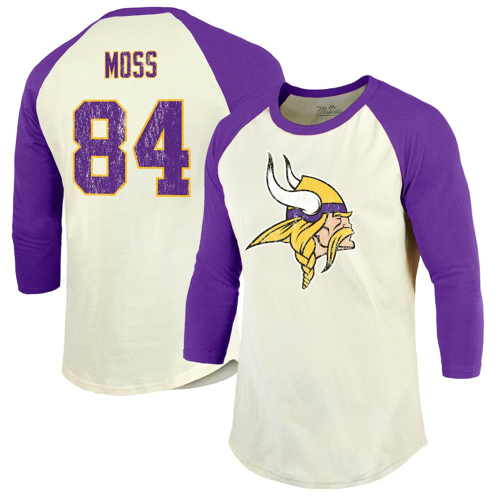 Randy Moss Minnesota Vikings Majestic Threads Retired Player Name & Number 3/4 Raglan Sleeve T-Shirt  - Cream/Purple on sale