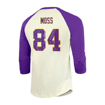 Randy Moss Minnesota Vikings Majestic Threads Retired Player Name & Number 3/4 Raglan Sleeve T-Shirt  - Cream/Purple on sale