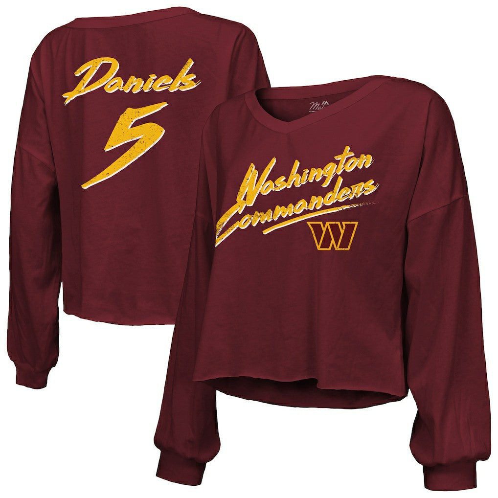 Jayden Daniels Washington Commanders Majestic Threads Women's Name & Number Off-Shoulder Script Cropped Long Sleeve Relaxed V-Neck T-Shirt - Burgundy outlet