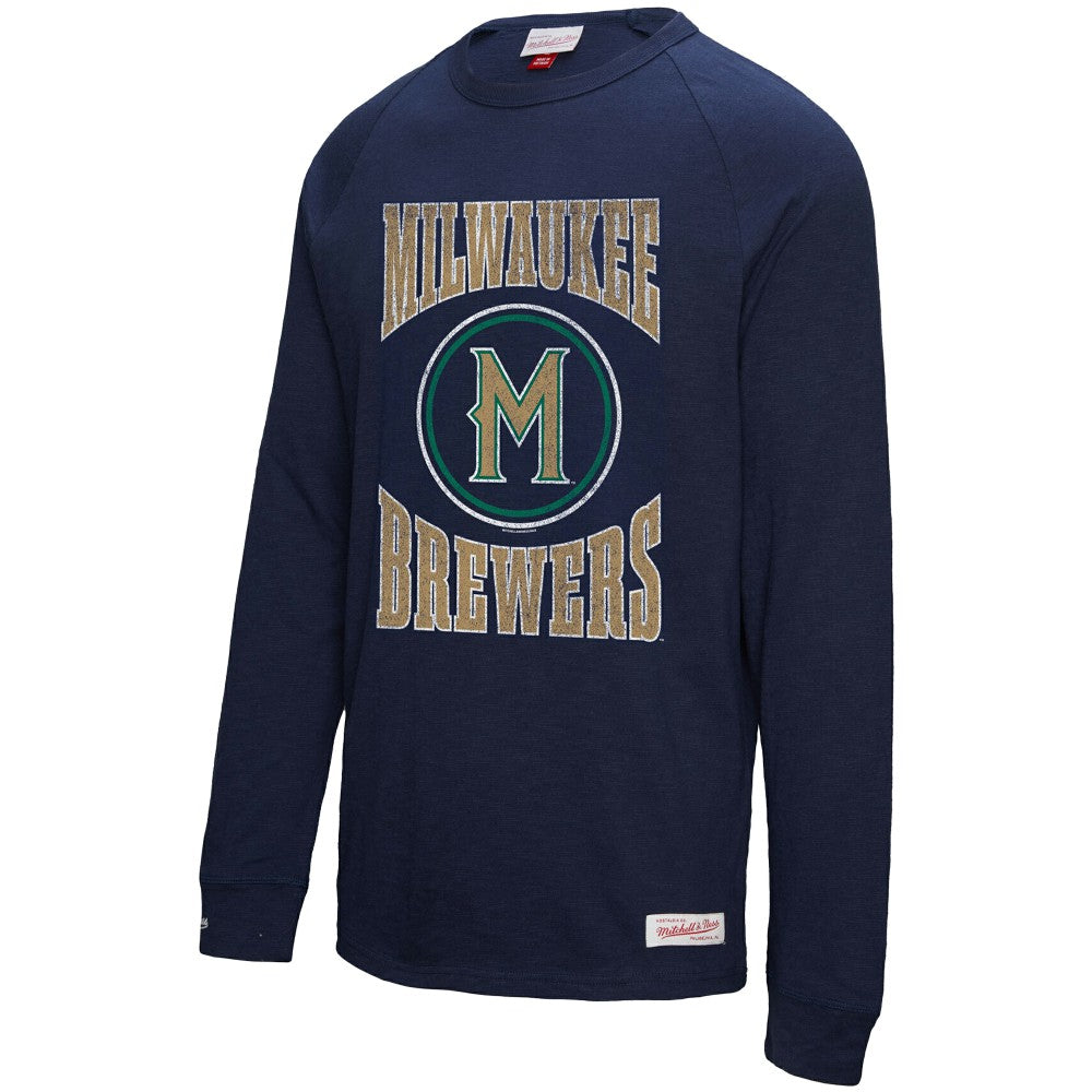 Milwaukee Brewers Arched Logo Slub Long Sleeve T-Shirt - Navy | Mitchell & Ness