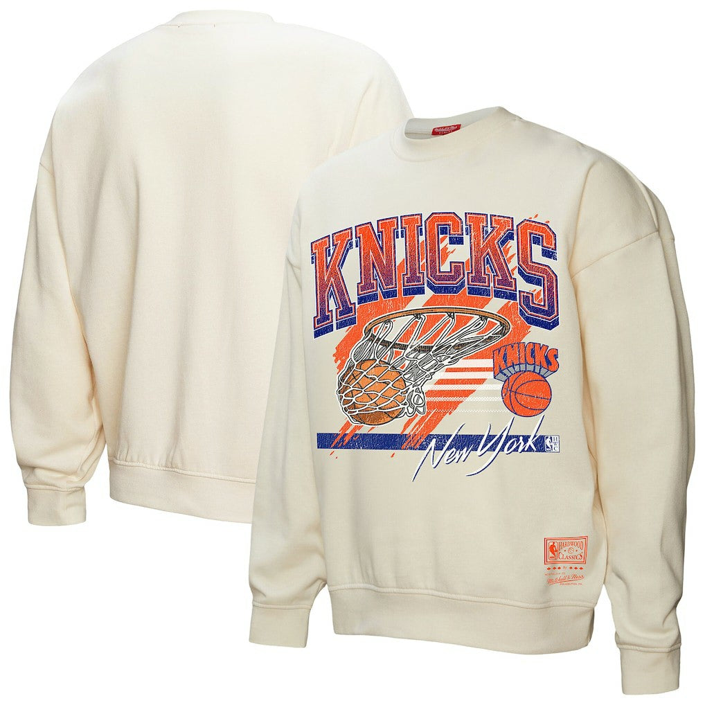 New York Knicks Women's Brush Bucket Pullover Sweatshirt - Cream | Mitchell & Ness on sale