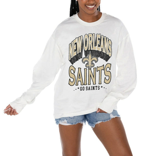 New Orleans Saints Gameday Couture Women's Time Out Oversized Long Sleeve T-Shirt - White for sale