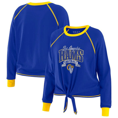 Los Angeles Rams WEAR by Erin Andrews Women's Plus Size Tie-Front Long Sleeve Top - Royal/Gold on sale