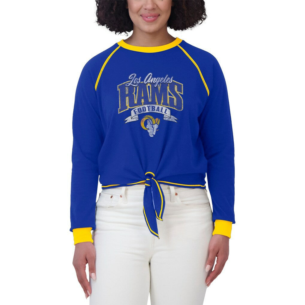 Los Angeles Rams WEAR by Erin Andrews Women's Plus Size Tie-Front Long Sleeve Top - Royal/Gold on sale