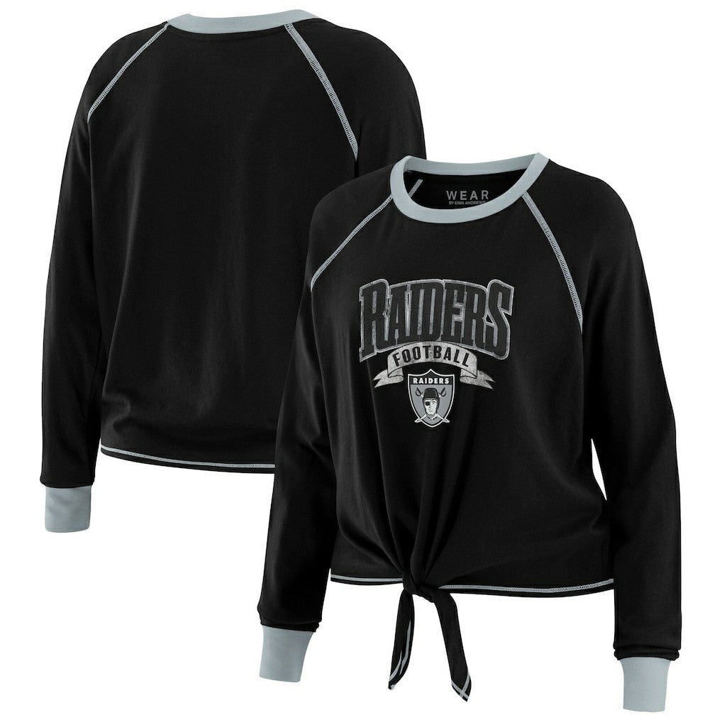 Las Vegas Raiders WEAR by Erin Andrews Women's Plus Size Tie-Front Long Sleeve Top - Black/Gray for sale