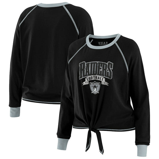 Las Vegas Raiders WEAR by Erin Andrews Women's Plus Size Tie-Front Long Sleeve Top - Black/Gray for sale