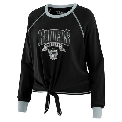 Las Vegas Raiders WEAR by Erin Andrews Women's Plus Size Tie-Front Long Sleeve Top - Black/Gray for sale
