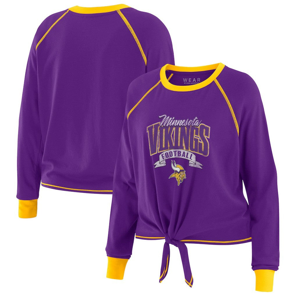 Minnesota Vikings WEAR by Erin Andrews Women's Plus Size Tie-Front Long Sleeve Top - Purple/Yellow for sale