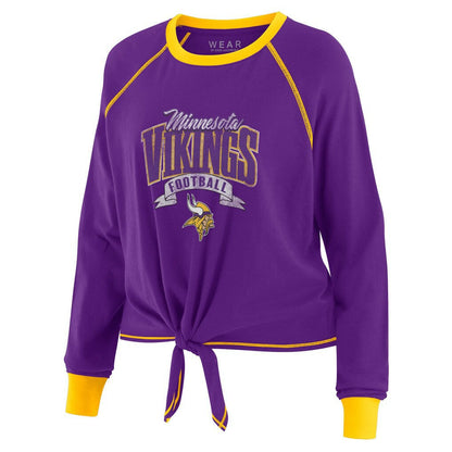 Minnesota Vikings WEAR by Erin Andrews Women's Plus Size Tie-Front Long Sleeve Top - Purple/Yellow for sale