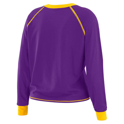 Minnesota Vikings WEAR by Erin Andrews Women's Plus Size Tie-Front Long Sleeve Top - Purple/Yellow for sale