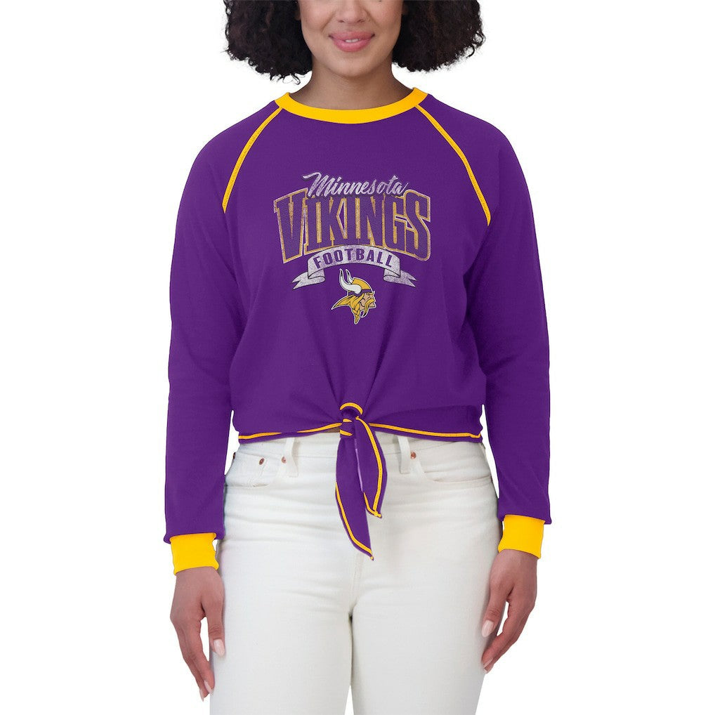 Minnesota Vikings WEAR by Erin Andrews Women's Plus Size Tie-Front Long Sleeve Top - Purple/Yellow for sale