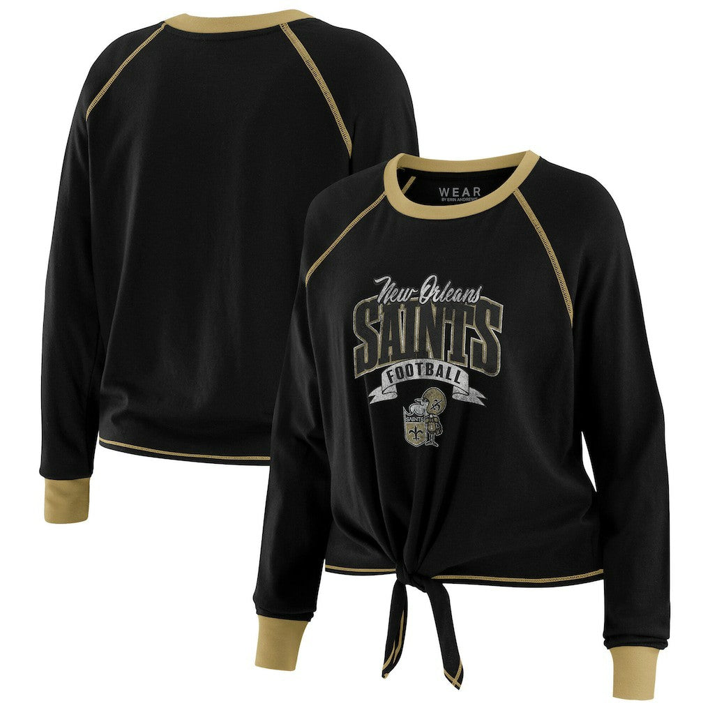 New Orleans Saints WEAR by Erin Andrews Women's Plus Size Tie-Front Long Sleeve Top - Black/Gold discount