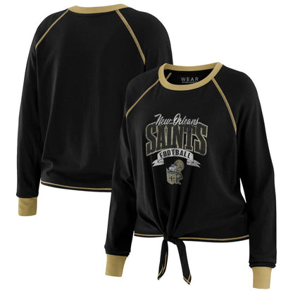 New Orleans Saints WEAR by Erin Andrews Women's Plus Size Tie-Front Long Sleeve Top - Black/Gold discount