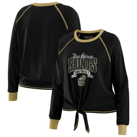 New Orleans Saints WEAR by Erin Andrews Women's Plus Size Tie-Front Long Sleeve Top - Black/Gold discount