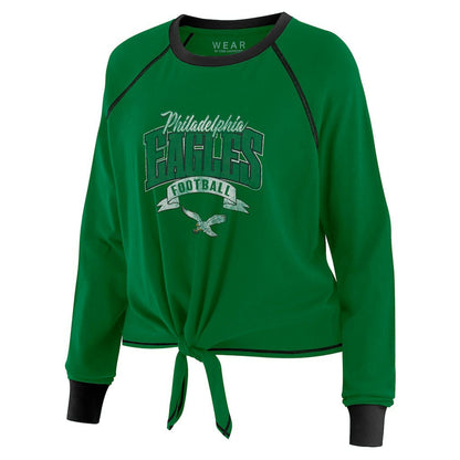Philadelphia Eagles WEAR by Erin Andrews Women's Plus Size Tie-Front Long Sleeve Top - Green/Black for sale