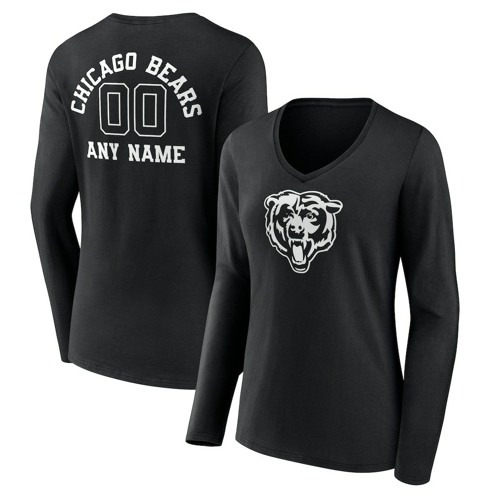 Chicago Bears Women's Personalized Name & Number Monochrome Long Sleeve V-Neck T-Shirt - Black outlet