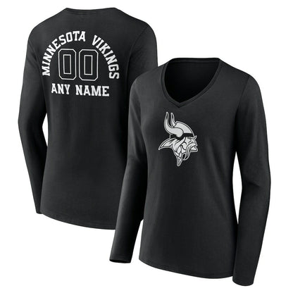 Minnesota Vikings Women's Personalized Name & Number Monochrome Long Sleeve V-Neck T-Shirt - Black for sale