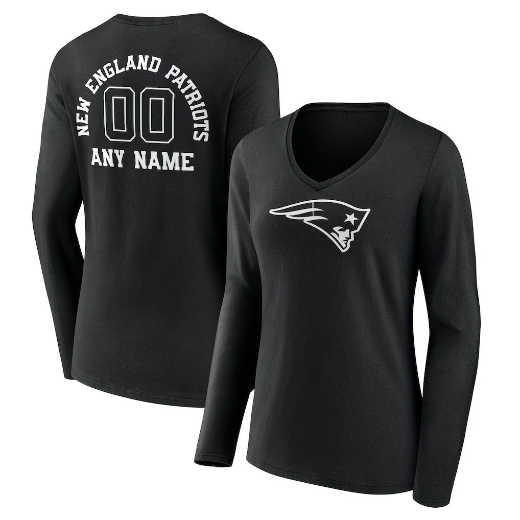 New England Patriots Women's Personalized Name & Number Monochrome Long Sleeve V-Neck T-Shirt - Black cheap