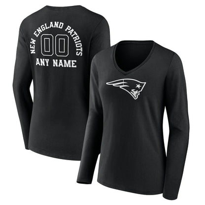 New England Patriots Women's Personalized Name & Number Monochrome Long Sleeve V-Neck T-Shirt - Black cheap