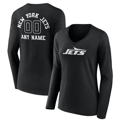 New York Jets Women's Personalized Name & Number Monochrome Long Sleeve V-Neck T-Shirt - Black on sale