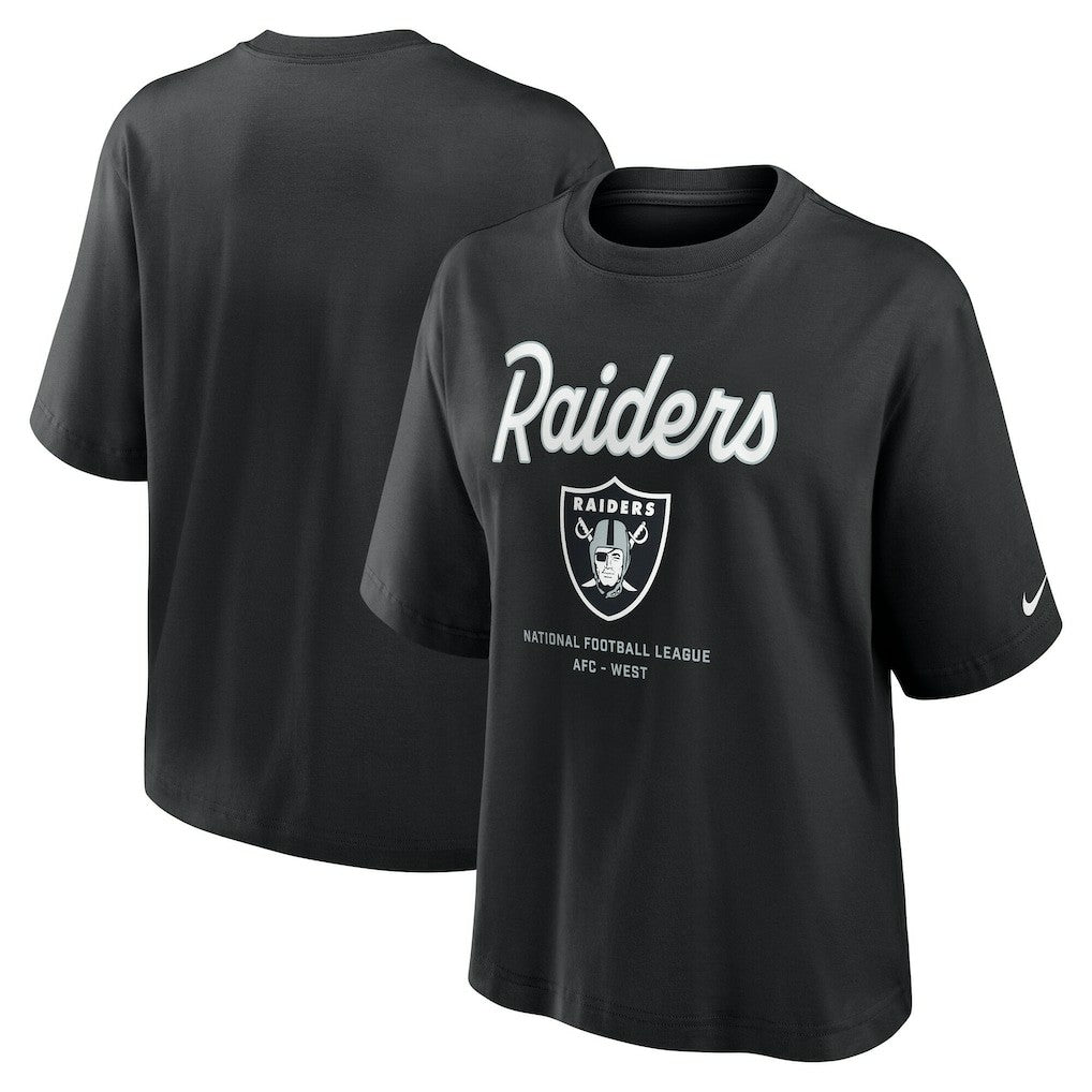 Las Vegas Raiders Women's Essential Script Relaxed Boxy T-Shirt - Black | Nike for sale