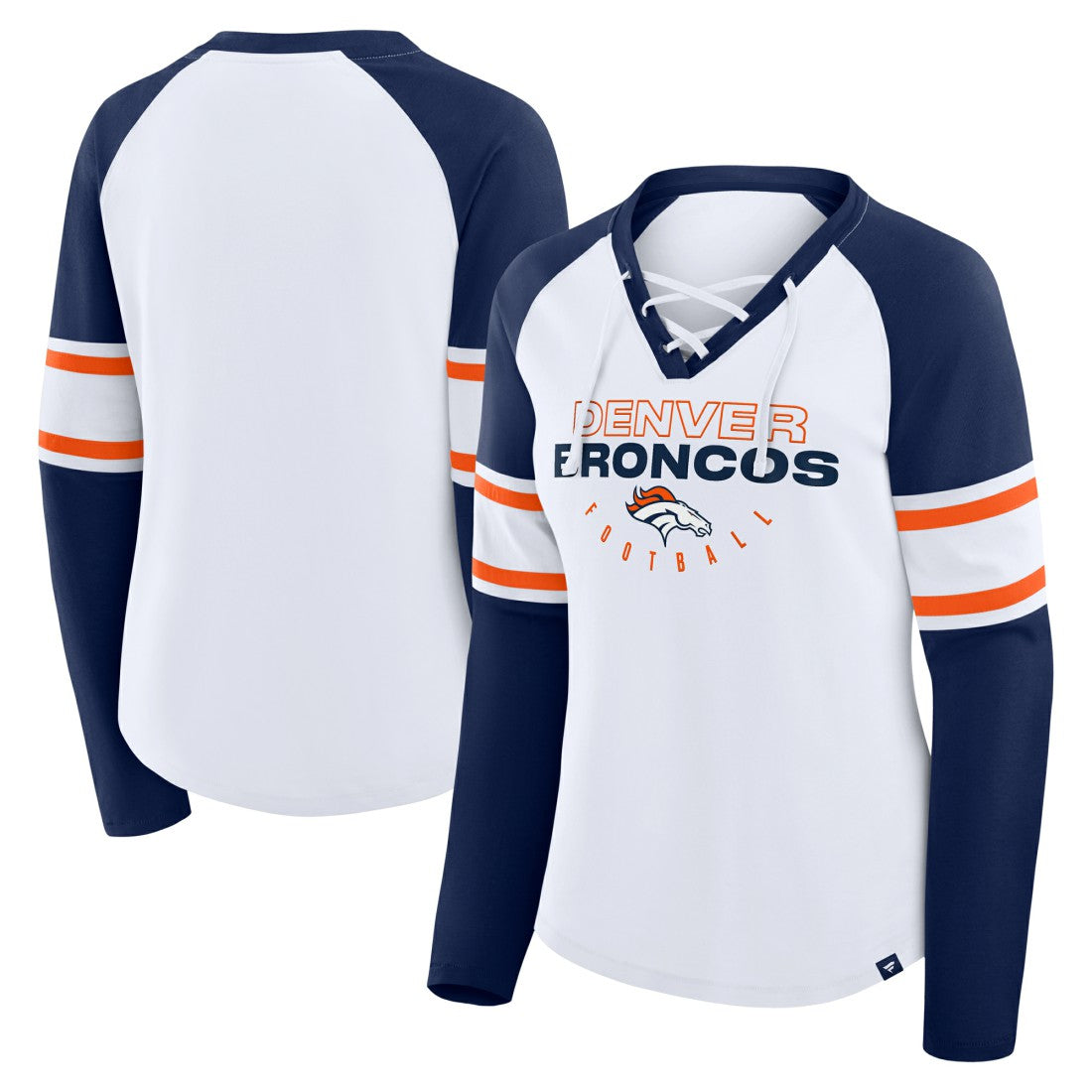 Denver Broncos Women's Redzone Blitz Package Raglan Lace-Up V-Neck Long Sleeve T-Shirt - White/Navy discount