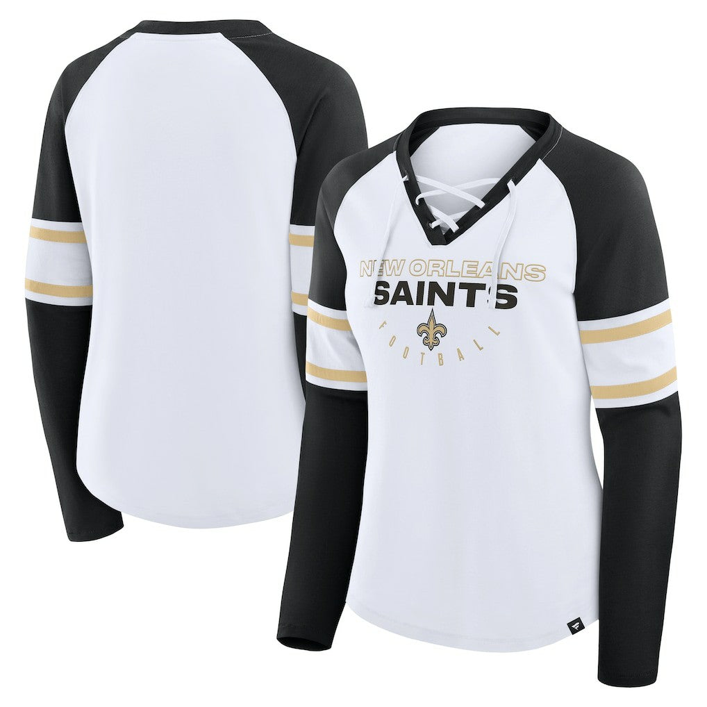 New Orleans Saints Women's Redzone Blitz Package Raglan Lace-Up V-Neck Long Sleeve T-Shirt - White/Black outlet