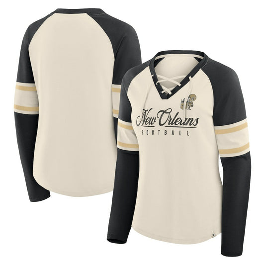 New Orleans Saints Women's Hometown Gridiron Hero Raglan Lace-Up V-Neck Long Sleeve T-Shirt - Cream/Black for sale