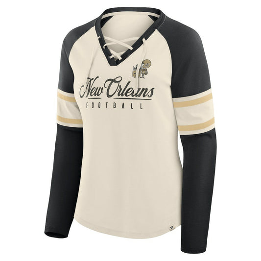 New Orleans Saints Women's Hometown Gridiron Hero Raglan Lace-Up V-Neck Long Sleeve T-Shirt - Cream/Black for sale