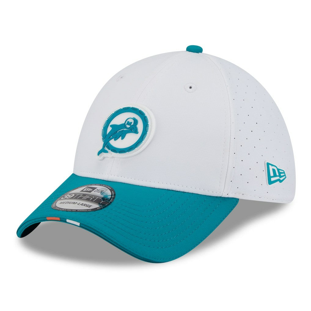 Miami Dolphins New Era 2025 NFL Training Camp Throwback Logo 39THIRTY Flex Hat - White/Aqua outlet