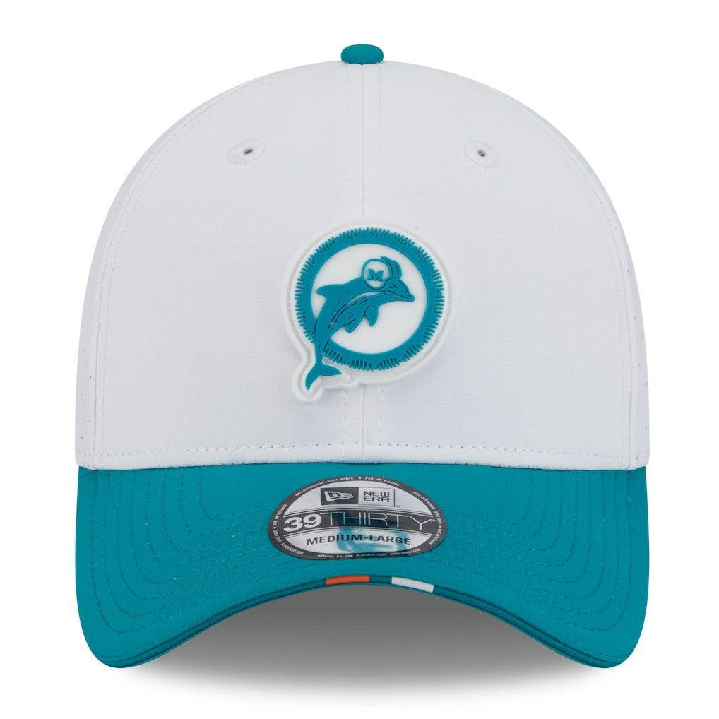 Miami Dolphins New Era 2025 NFL Training Camp Throwback Logo 39THIRTY Flex Hat - White/Aqua outlet