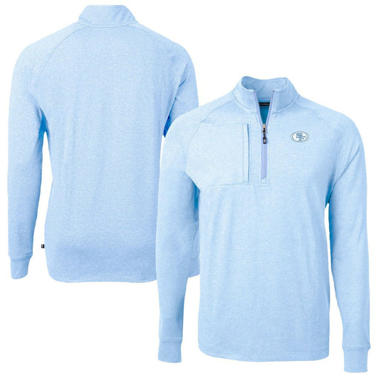 San Francisco 49ers Cutter & Buck Raglan Adapt Eco Knit Heather Quarter-Zip Top - Powder Blue for sale
