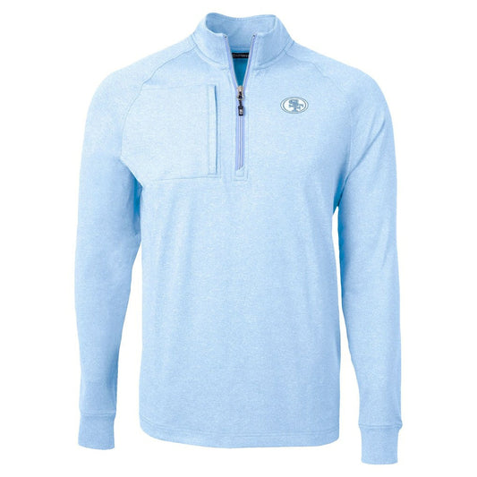 San Francisco 49ers Cutter & Buck Raglan Adapt Eco Knit Heather Quarter-Zip Top - Powder Blue for sale