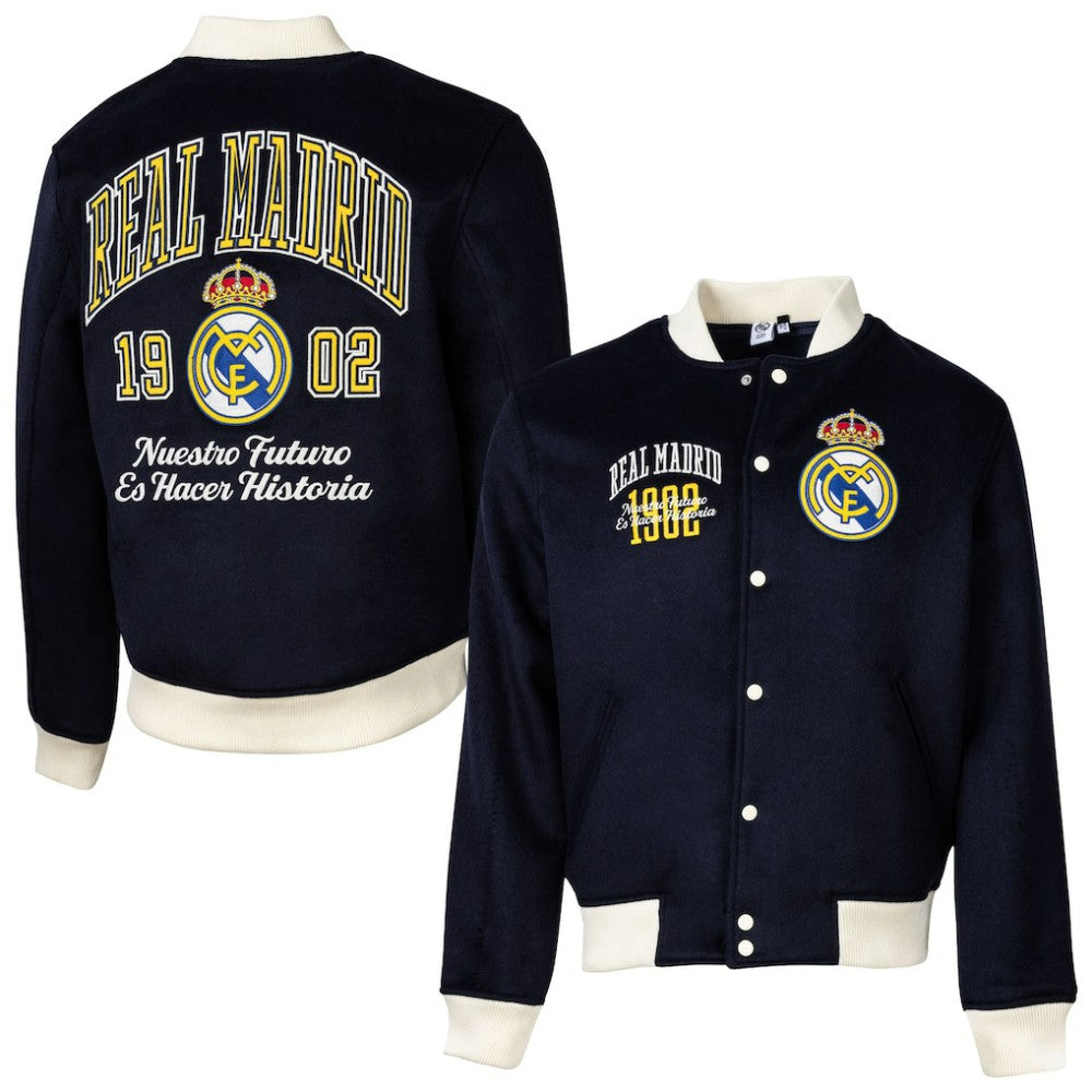 Real Madrid Sport Design Sweden Free Kick Wool Varsity Jacket - Navy for sale