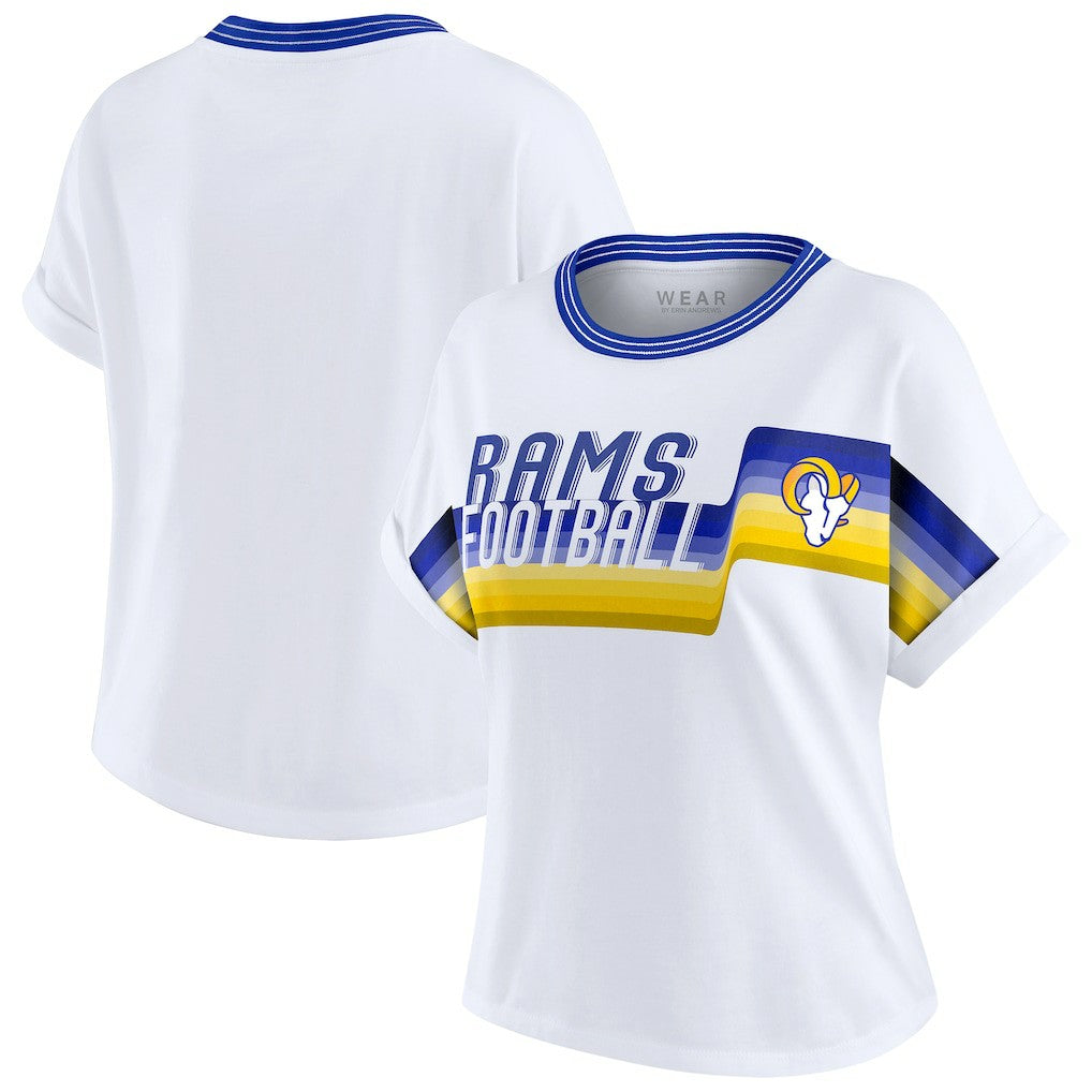 Los Angeles Rams WEAR by Erin Andrews Women's Cropped Center Stripe Dolman T-Shirt - White on sale