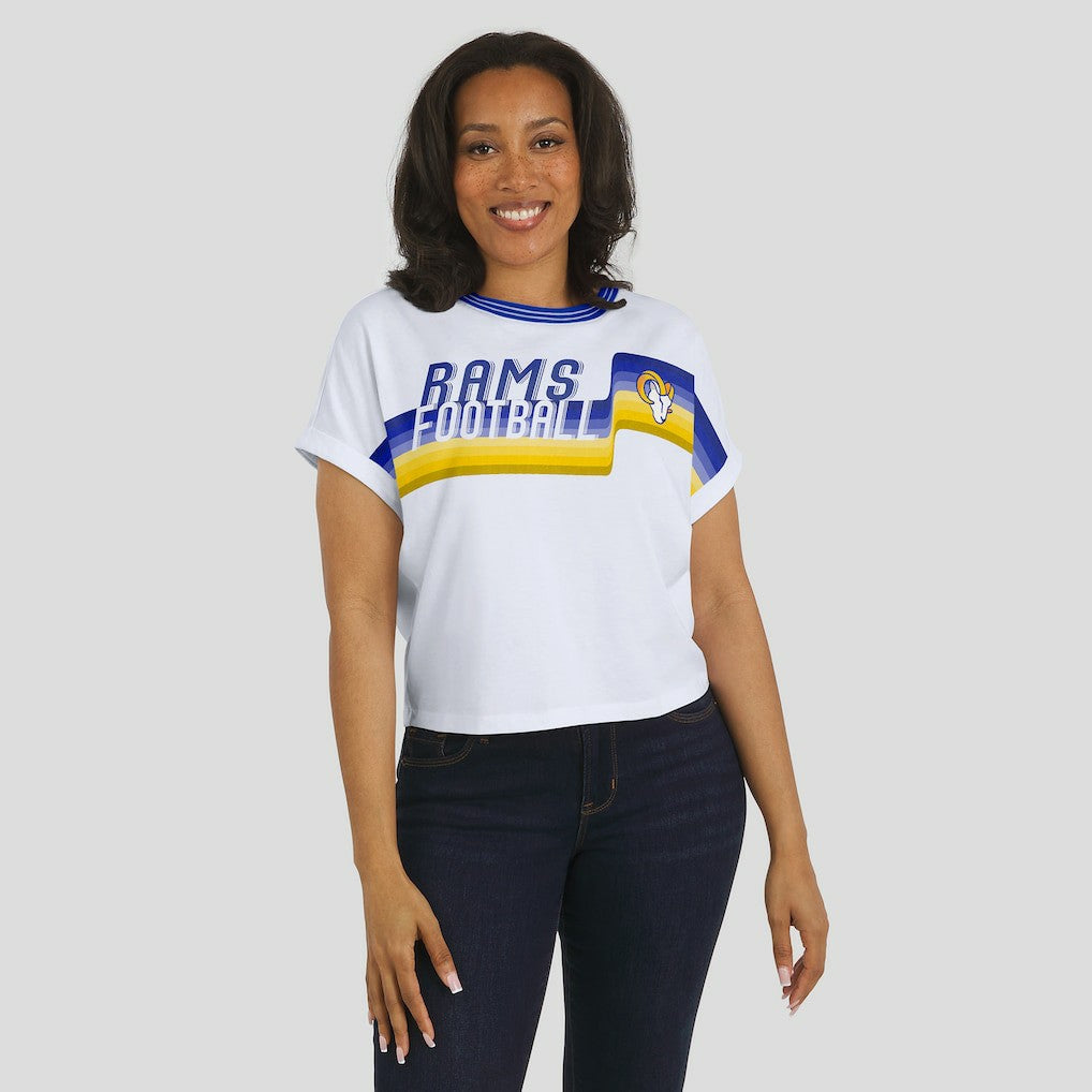 Los Angeles Rams WEAR by Erin Andrews Women's Cropped Center Stripe Dolman T-Shirt - White on sale