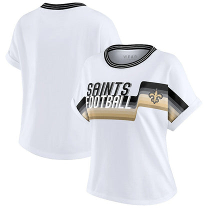 New Orleans Saints WEAR by Erin Andrews Women's Cropped Center Stripe Dolman T-Shirt - White on sale