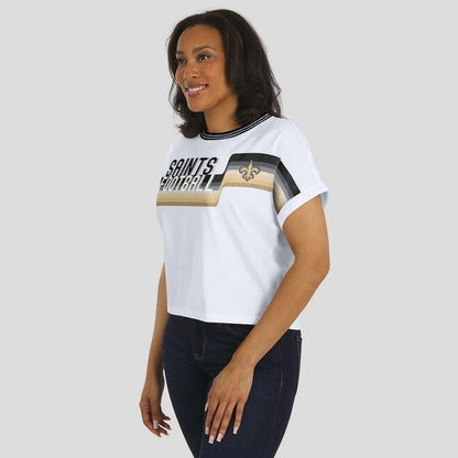 New Orleans Saints WEAR by Erin Andrews Women's Cropped Center Stripe Dolman T-Shirt - White on sale