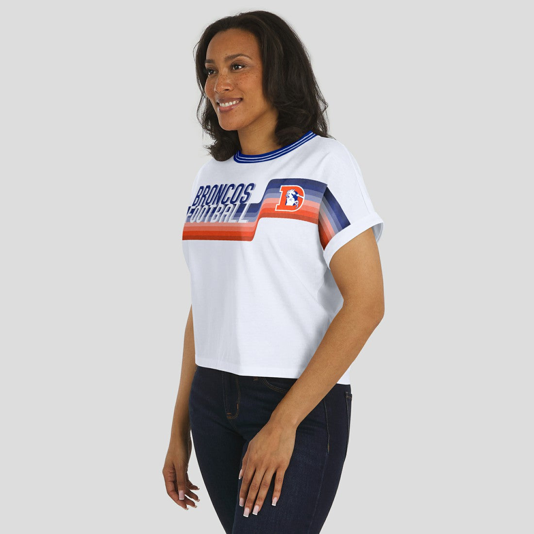 Denver Broncos WEAR by Erin Andrews Women's Cropped Center Stripe Dolman T-Shirt - White discount