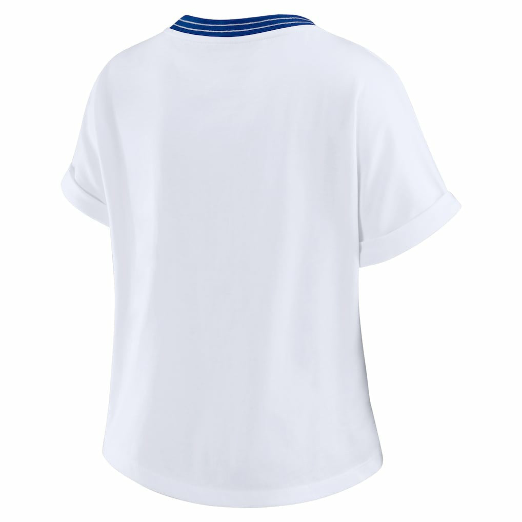 Buffalo Bills WEAR by Erin Andrews Women's Cropped Center Stripe Dolman T-Shirt - White online