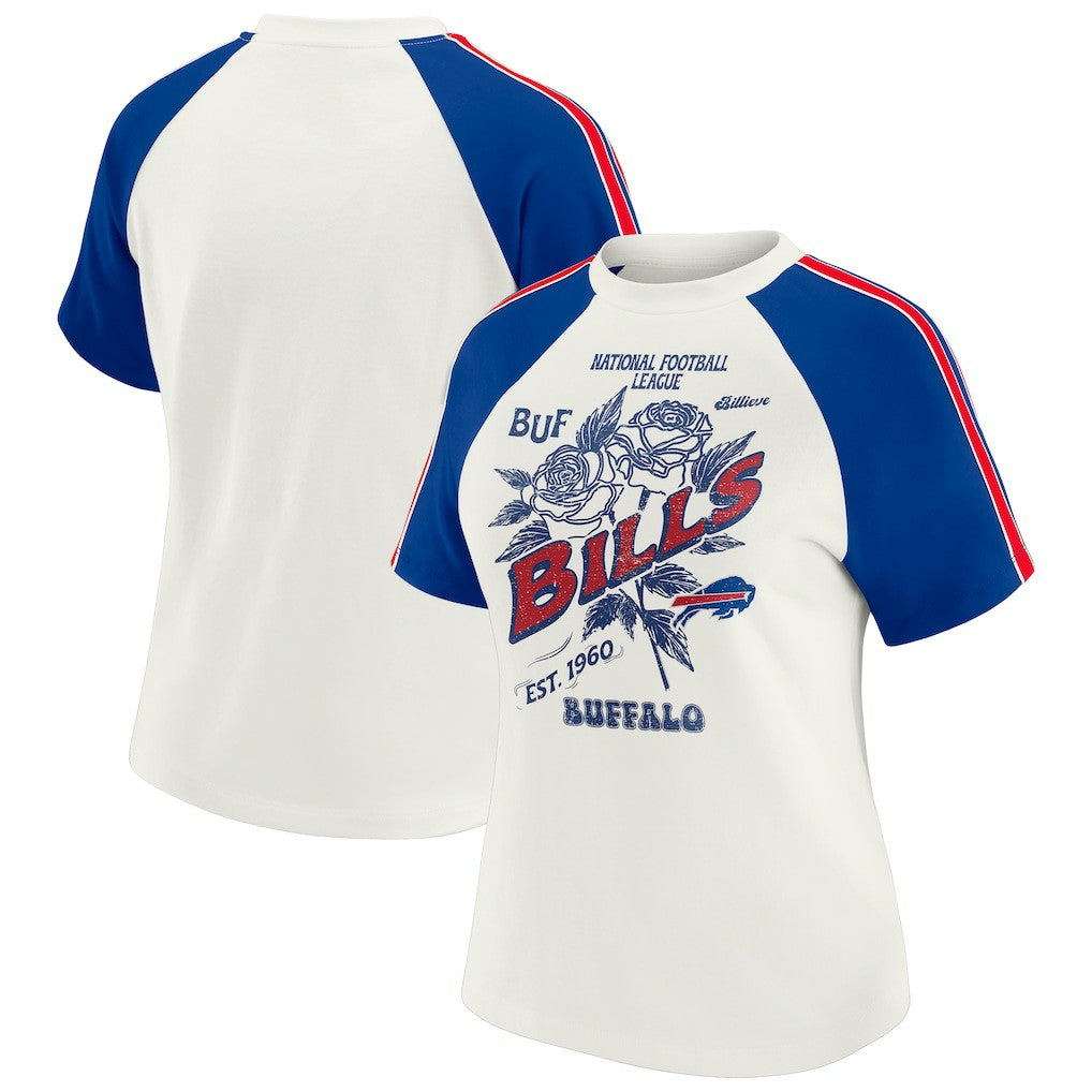 Buffalo Bills WEAR by Erin Andrews Women's Sleeve Stripe Distressed Raglan T-Shirt - White for sale
