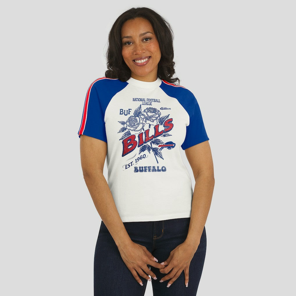 Buffalo Bills WEAR by Erin Andrews Women's Sleeve Stripe Distressed Raglan T-Shirt - White for sale