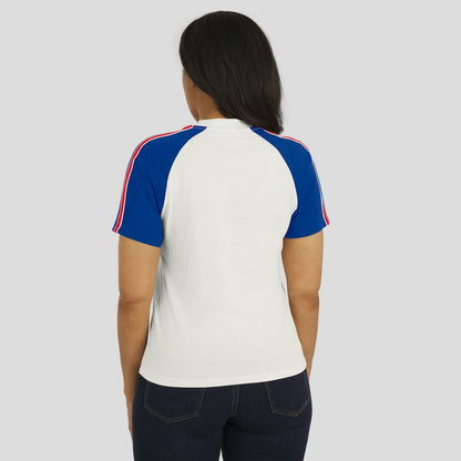 Buffalo Bills WEAR by Erin Andrews Women's Sleeve Stripe Distressed Raglan T-Shirt - White for sale