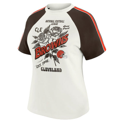 Cleveland Browns WEAR by Erin Andrews Women's Sleeve Stripe Distressed Raglan T-Shirt - White discount
