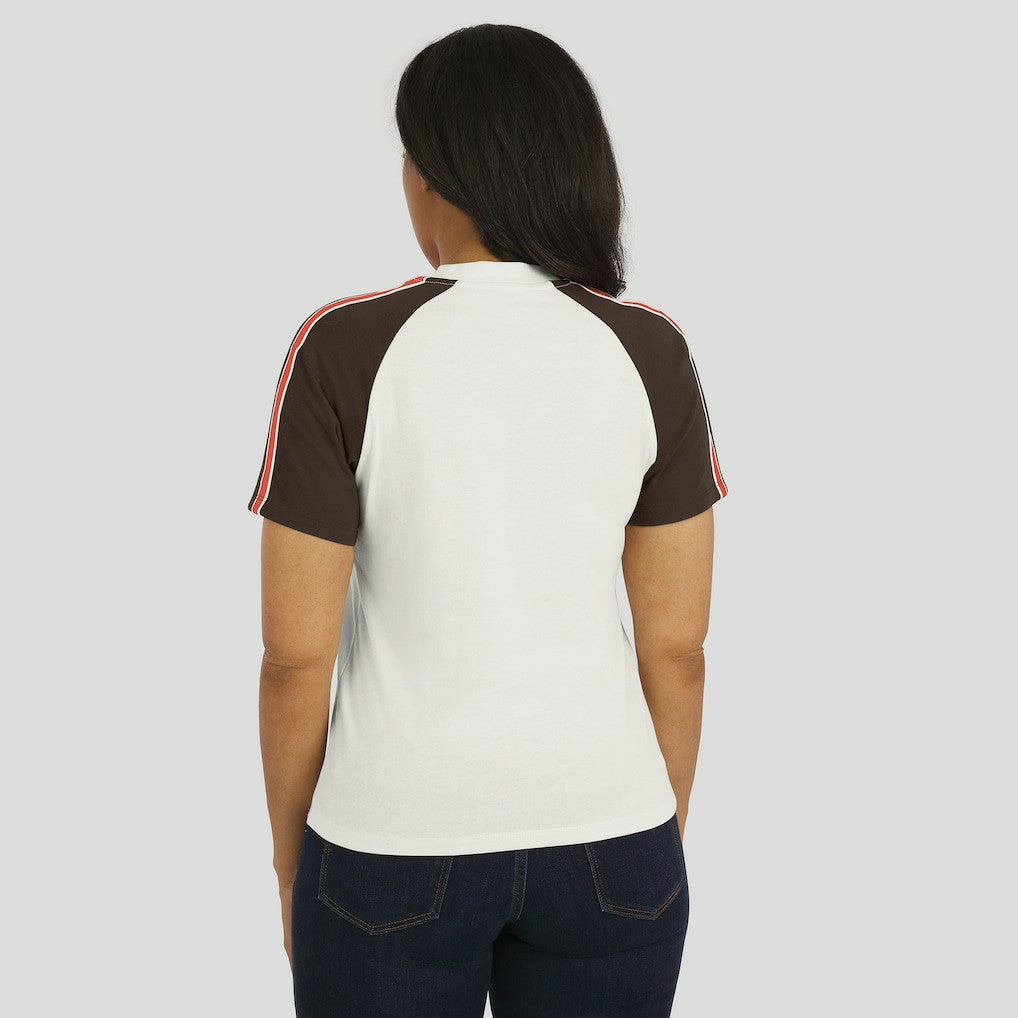 Cleveland Browns WEAR by Erin Andrews Women's Sleeve Stripe Distressed Raglan T-Shirt - White discount