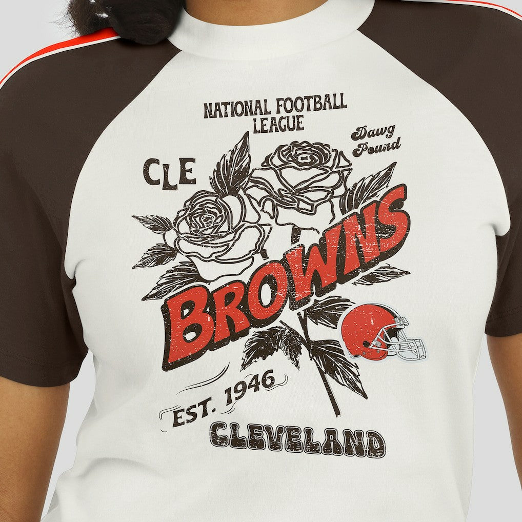 Cleveland Browns WEAR by Erin Andrews Women's Sleeve Stripe Distressed Raglan T-Shirt - White discount