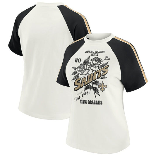 New Orleans Saints WEAR by Erin Andrews Women's Sleeve Stripe Distressed Raglan T-Shirt - White cheap