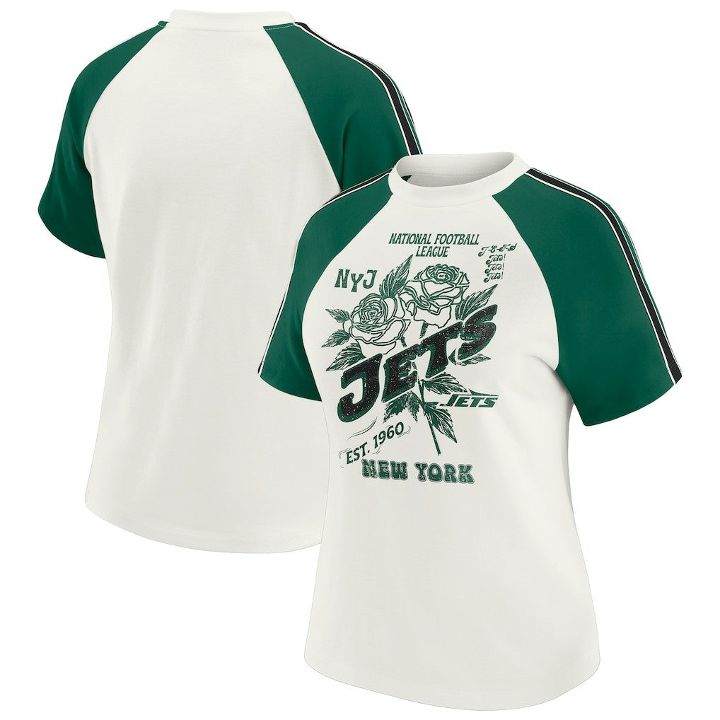 New York Jets WEAR by Erin Andrews Women's Sleeve Stripe Distressed Raglan T-Shirt - White for sale
