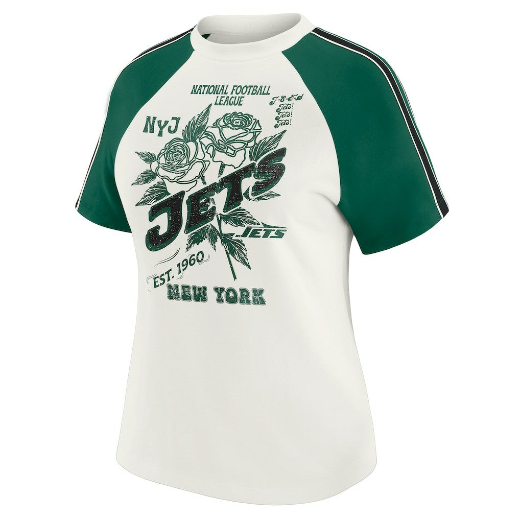 New York Jets WEAR by Erin Andrews Women's Sleeve Stripe Distressed Raglan T-Shirt - White for sale